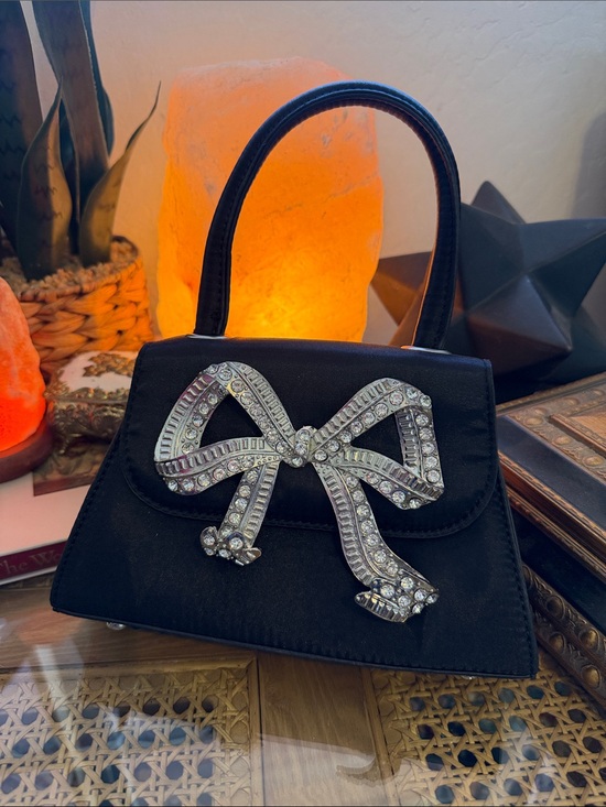 Handbags - Black Satin Top-Handle Evening Bag with Crystal Bow